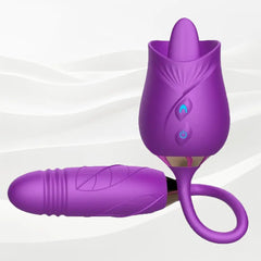 Dual-head Tongue Licking Rose Sex Toys with Thrusting Dildo, 3 in 1 Rose Vibrator for G Spot Clit Blended Climaxes