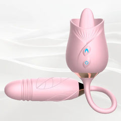 Dual-head Tongue Licking Rose Sex Toys with Thrusting Dildo, 3 in 1 Rose Vibrator for G Spot Clit Blended Climaxes