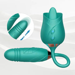 Dual-head Tongue Licking Rose Sex Toys with Thrusting Dildo, 3 in 1 Rose Vibrator for G Spot Clit Blended Climaxes