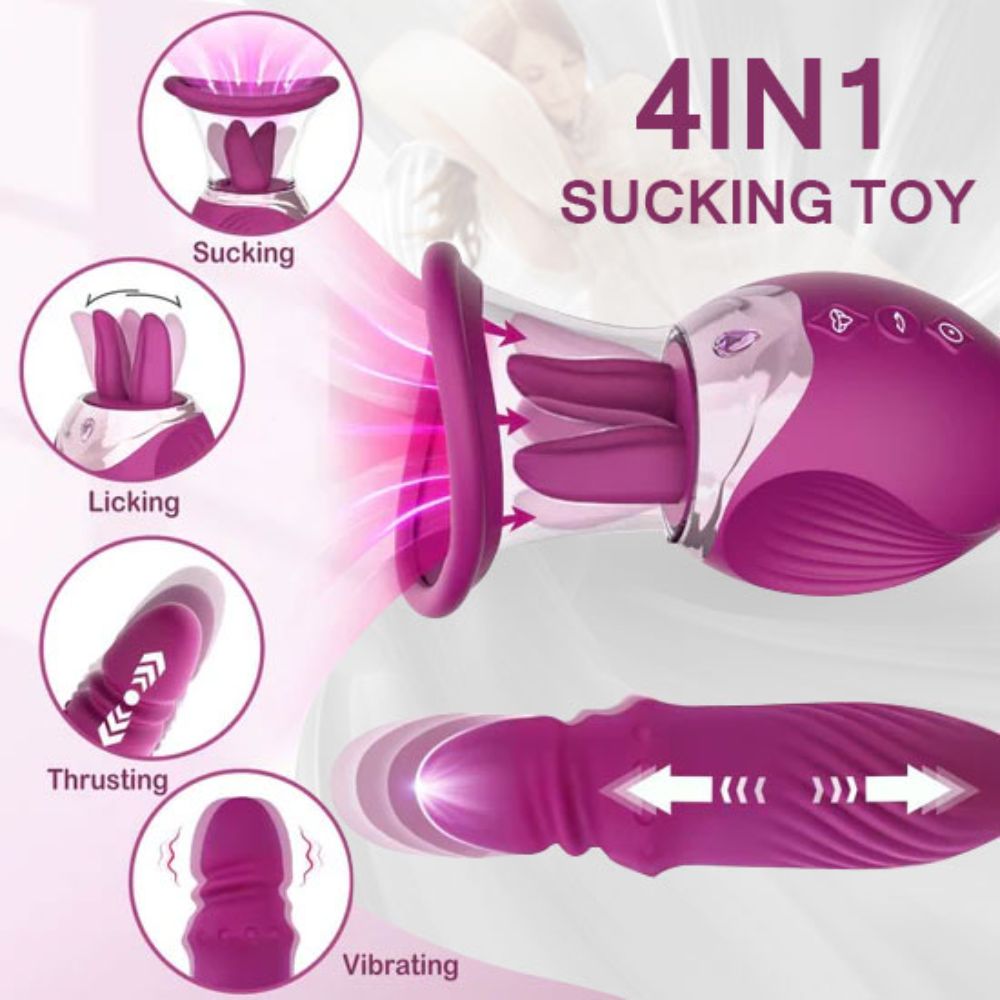 Sucking Licking Rose Toy with Thrusting Vibrating G Spot Dildo, 4 in 1 Sucking Licking Rose Toy with Thrusting Vibrating G Spot Dildo, 4 in 1