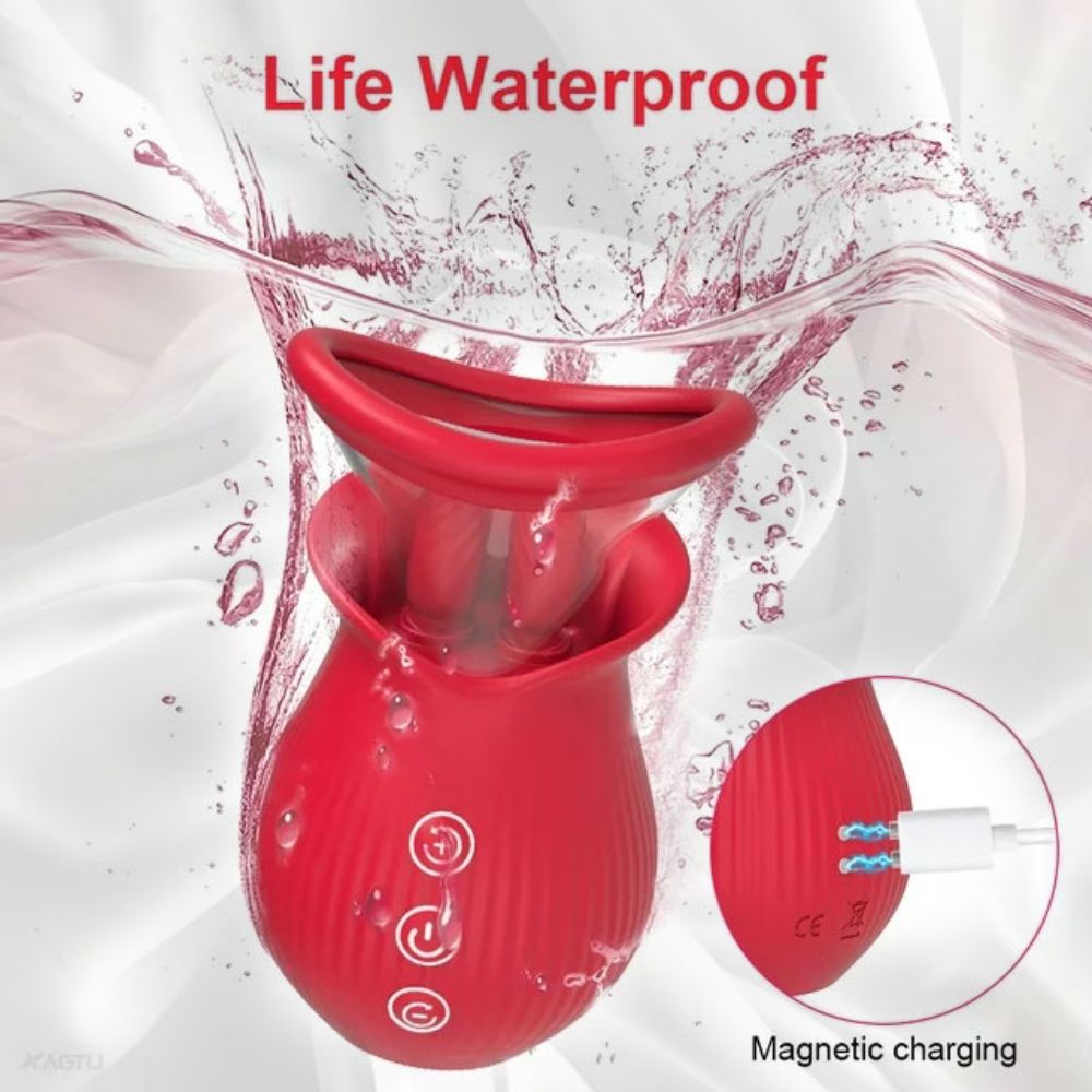 Double Tongue Clit Licking Sucking Rose Flower Shape Toy Vibrator with Double Tongue Clit Licking Sucking Rose Flower Shape Toy Vibrator with