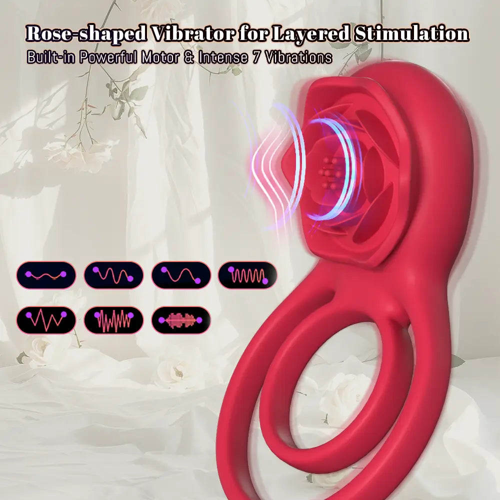 Rose Clitoral Stimulator Vibrating Cock Ring with 9 Vibrations, Couples Sex Toys for Men Women Pleasure Red