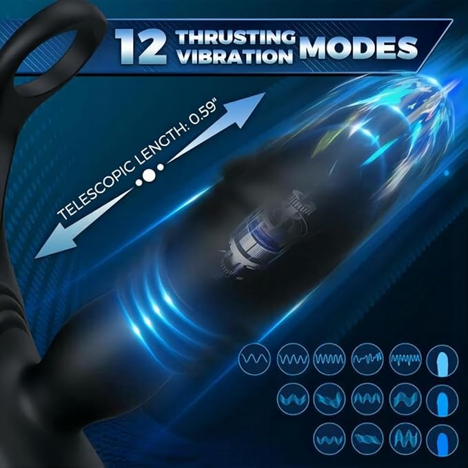 Thrusting Anal Vibrator with 2 Silicone Cock Ring, 3 in 1 Prostate Mas Thrusting Anal Vibrator with 2 Silicone Cock Ring, 3 in 1 Prostate Mas