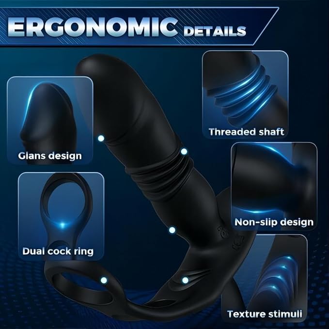 Thrusting Anal Vibrator with 2 Silicone Cock Ring, 3 in 1 Prostate Mas Thrusting Anal Vibrator with 2 Silicone Cock Ring, 3 in 1 Prostate Mas