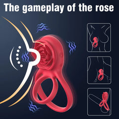 Rose Vibrating Cock Ring with Clitoral Stimulator, Penis Sleeve for G Spot Clitoris Penis Stimulation, 9 Vibrations