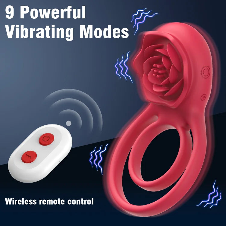 Rose Vibrating Cock Ring with Clitoral Stimulator, Penis Sleeve for G Spot Clitoris Penis Stimulation, 9 Vibrations