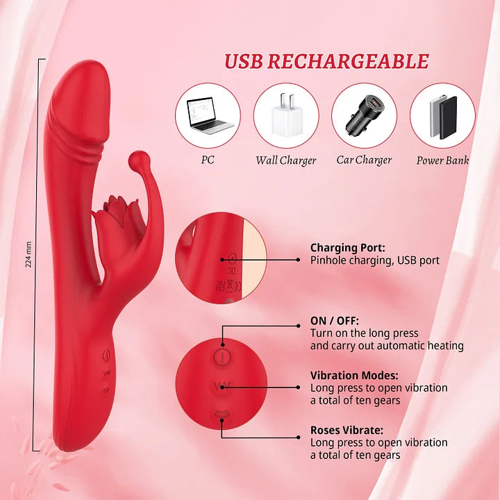 Rose Sex Toys Female G-spot Vibrator with Heat Rabbit Vibrator with 10 Vibration Pattern