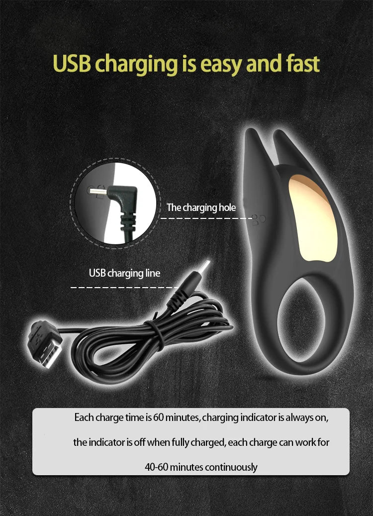 Lock Ring Silicagel Penis Ring for Men Vibrating Cock Ring with Rabbit Design Rechargeable Penis Ring Vibrator with 10 Vibration Modes